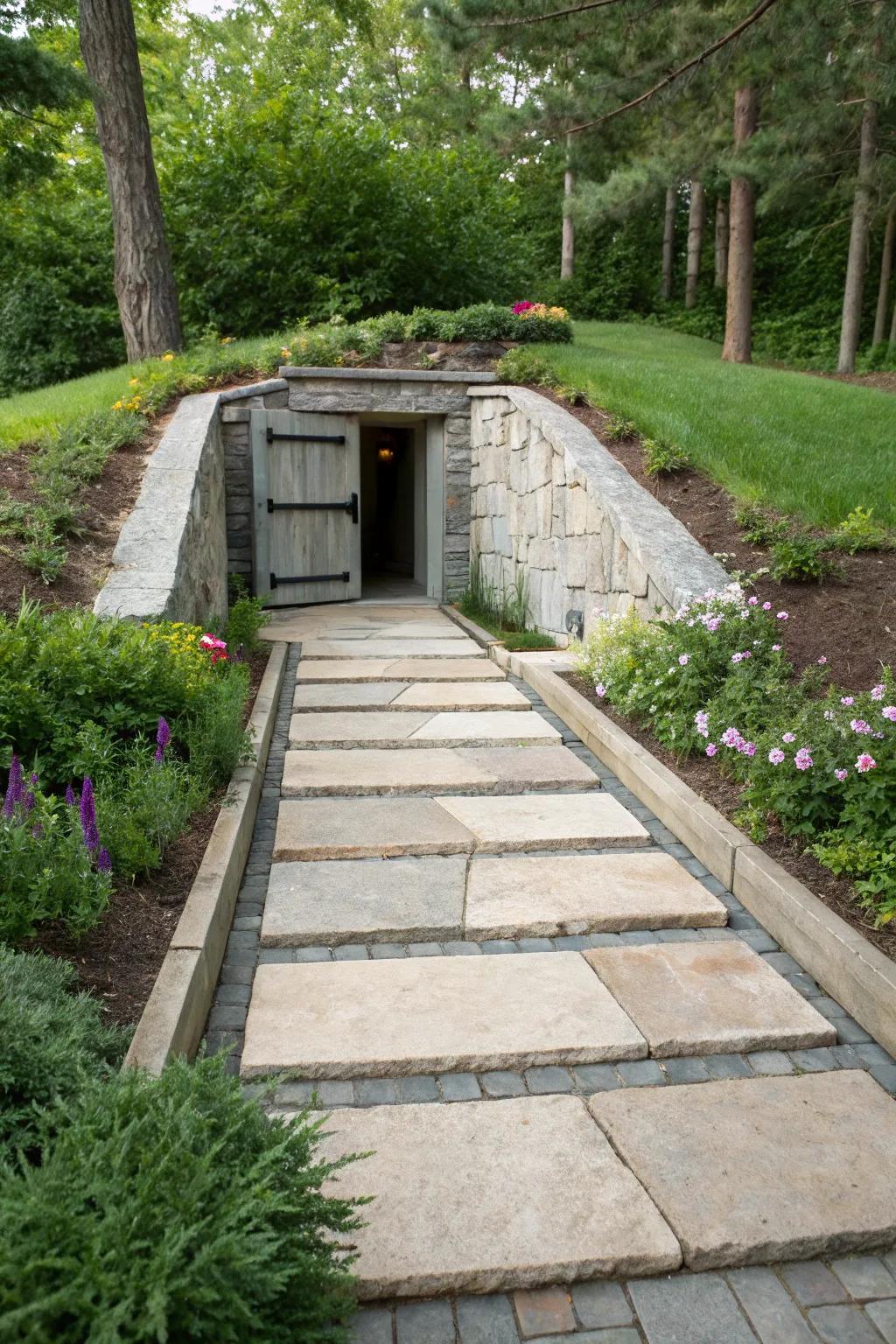Paved walkways offer style and easy access to your storm shelter.
