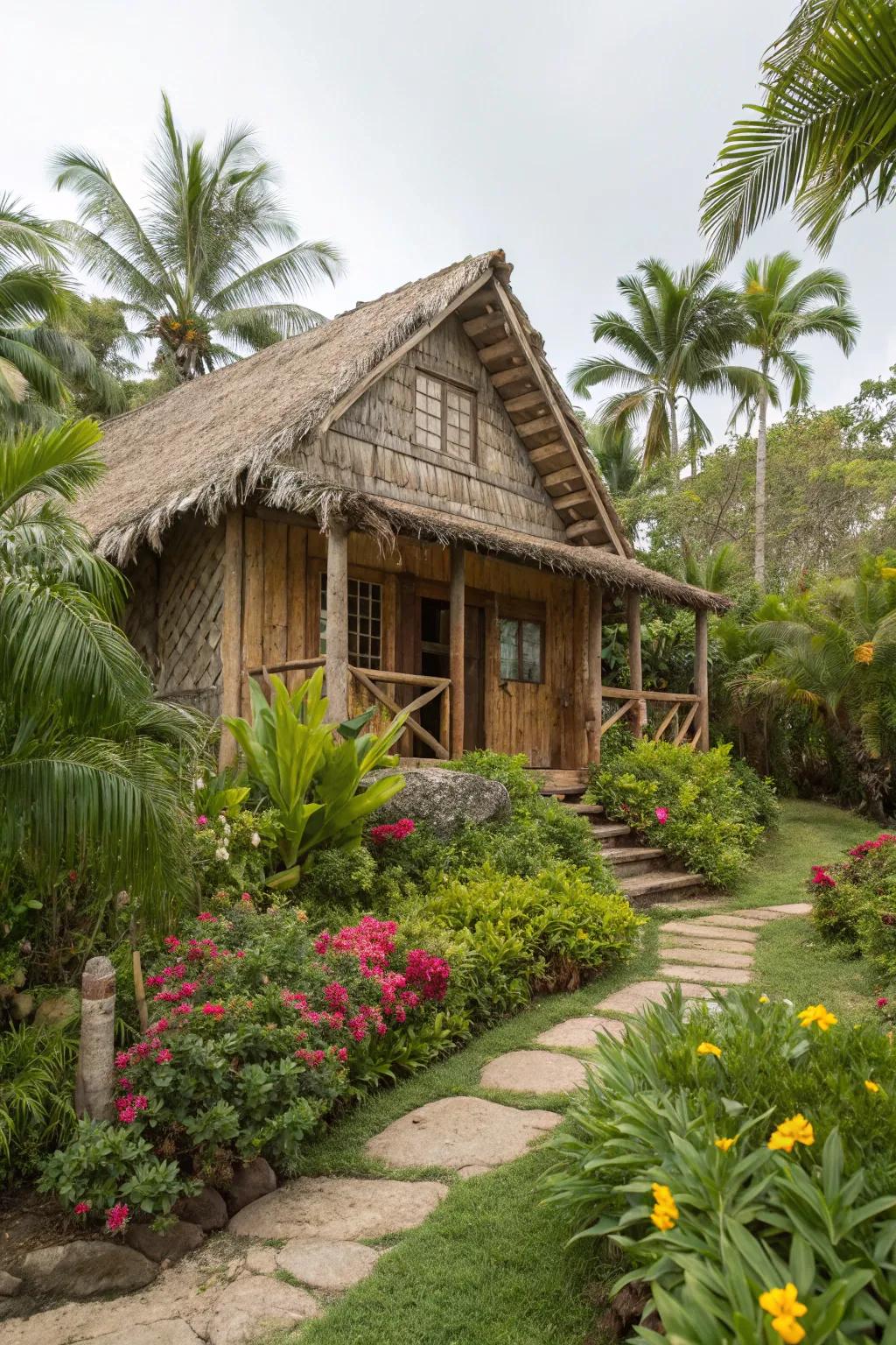 A house made from natural materials, harmonizing with nature.