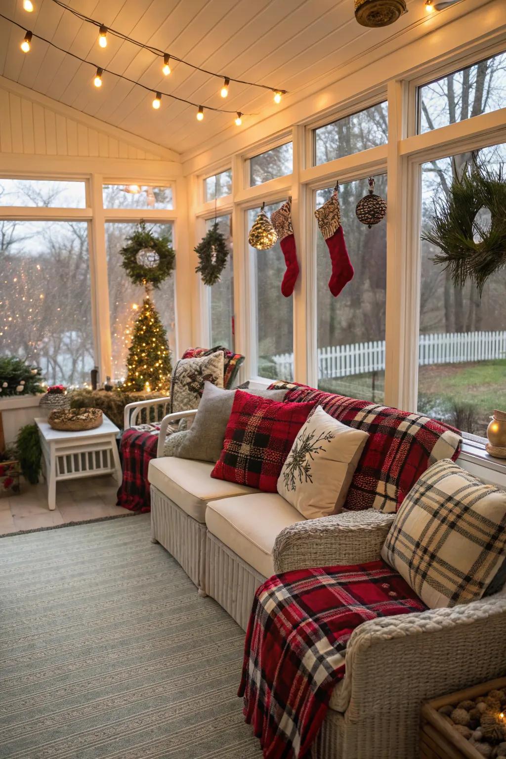 Textiles add warmth and holiday spirit.