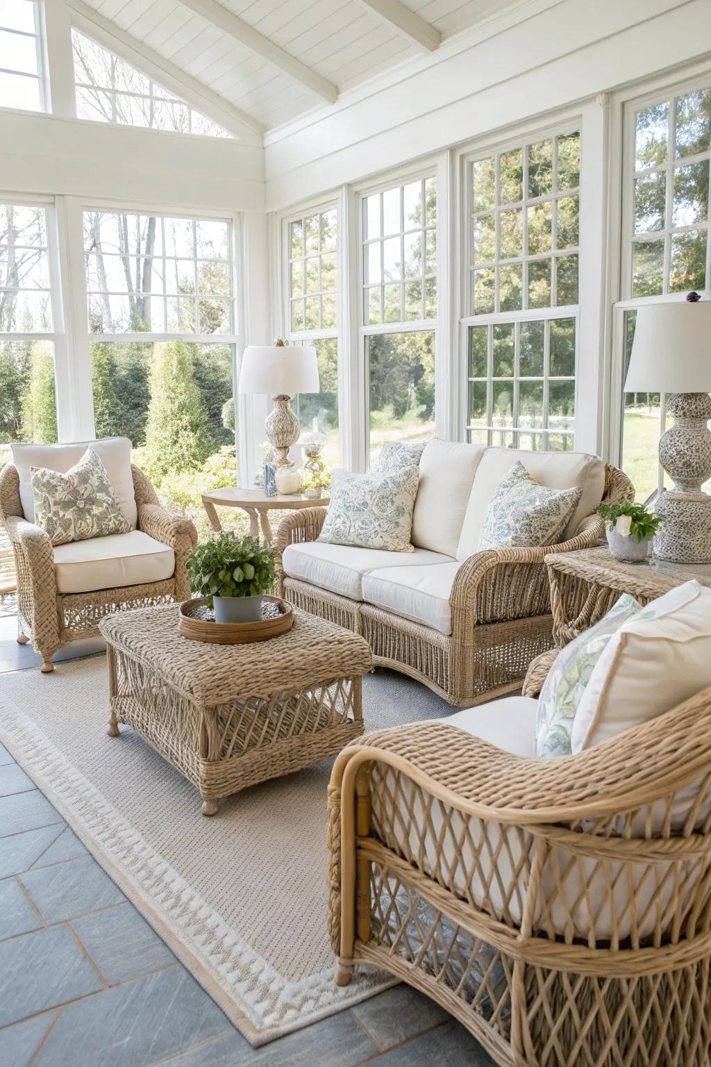 Wicker accents provide timeless charm to this sunroom space.