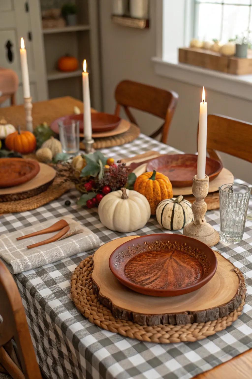 Wooden elements bring rustic charm to your table setting.