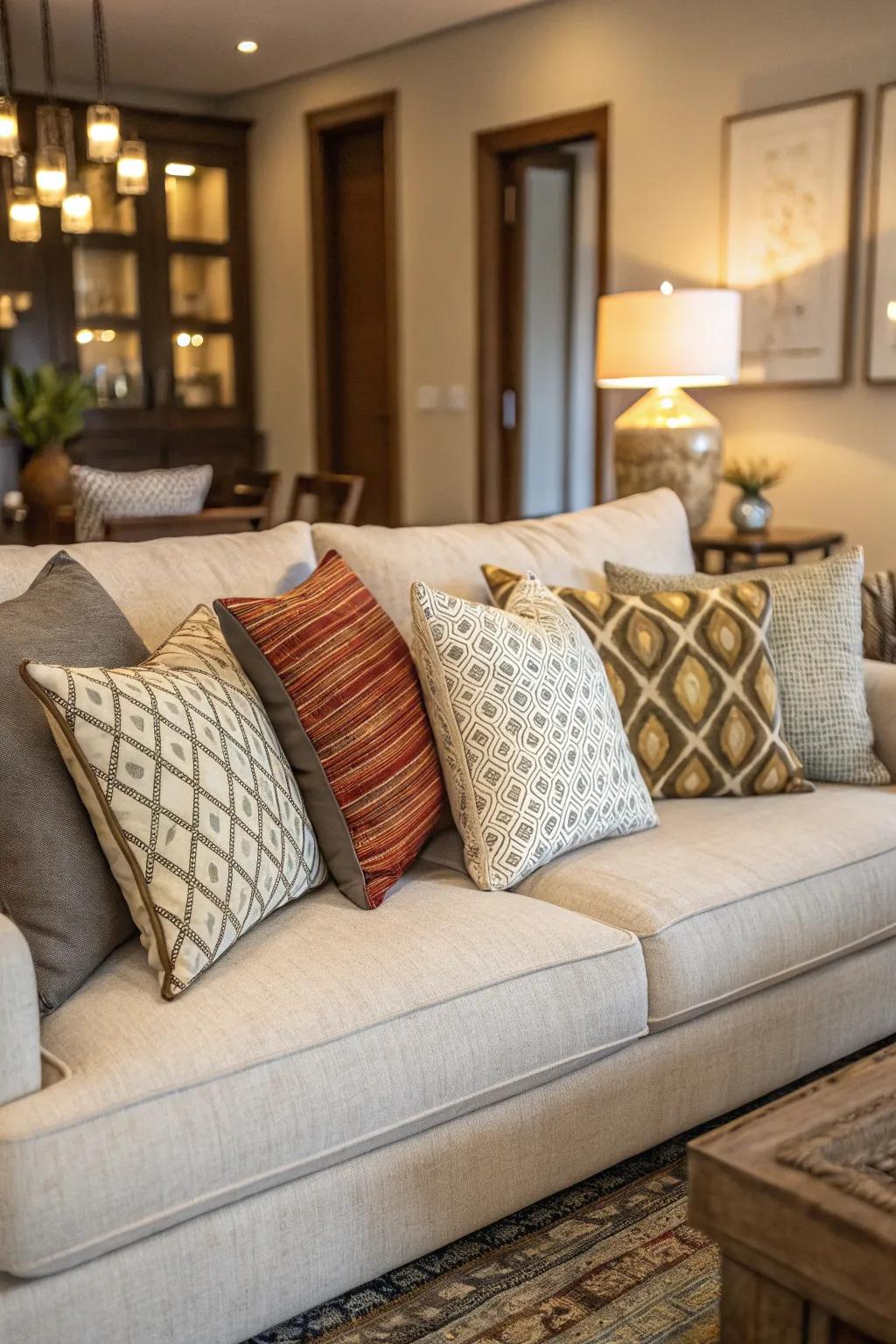 A chic amalgamation of symmetrical and asymmetrical pillow arrangements displayed on a modern sofa.