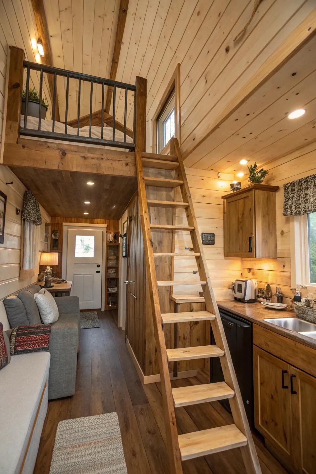 Rustic allure: A wooden ladder brings warmth to the space.