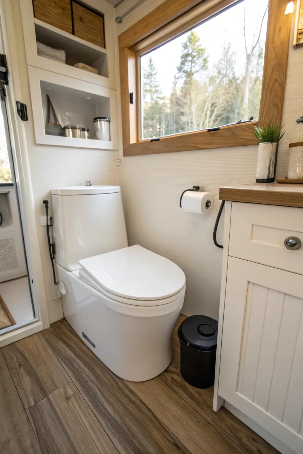 User-friendly dry flush toilet inside a modern, stylish bathroom