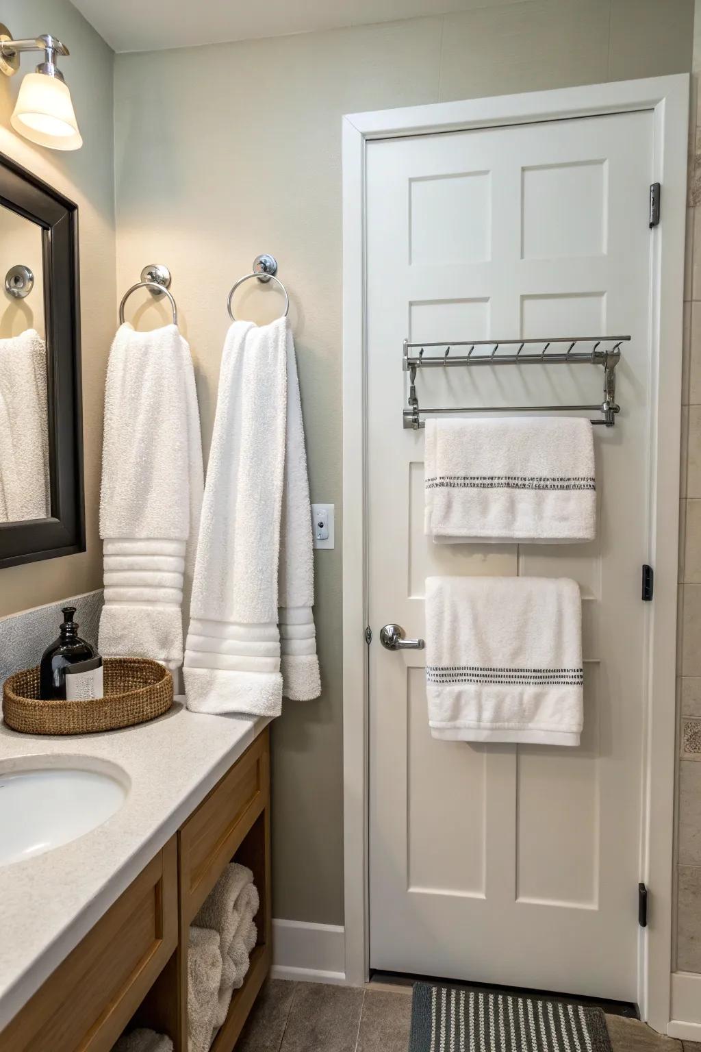 Maximize space with an over-the-door towel rack.