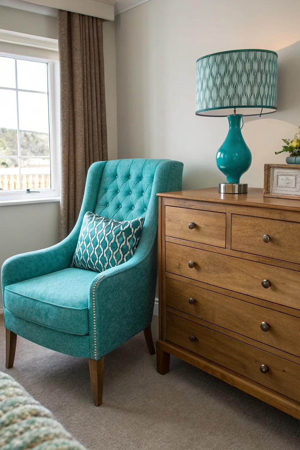 A turquoise chair adds a bold accent to this stylish bedroom.