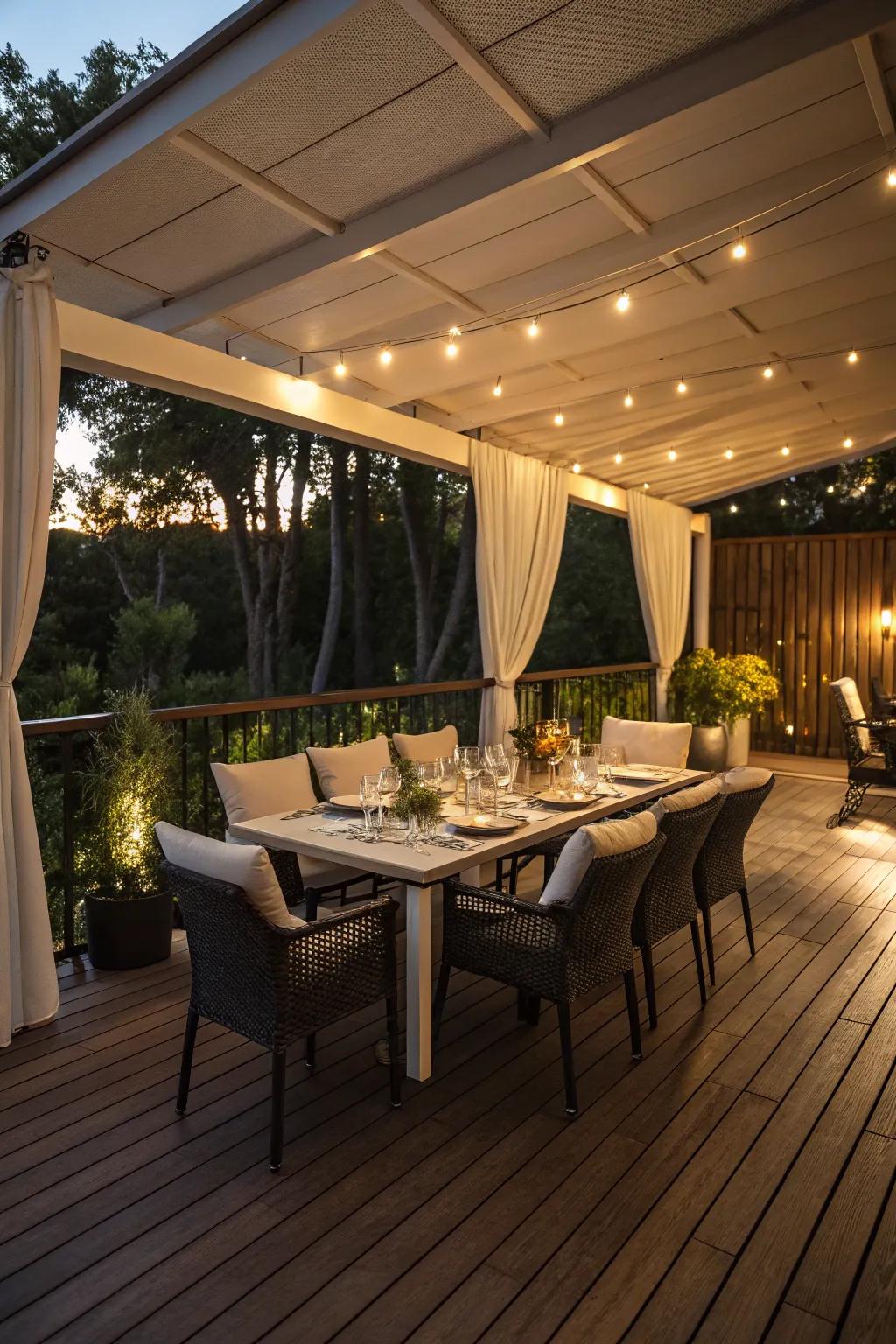 An inviting outdoor dining space under the deck, ideal for family gatherings.