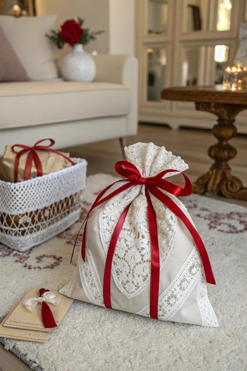 Elegant Valentine's bag adorned with ribbons and lace.