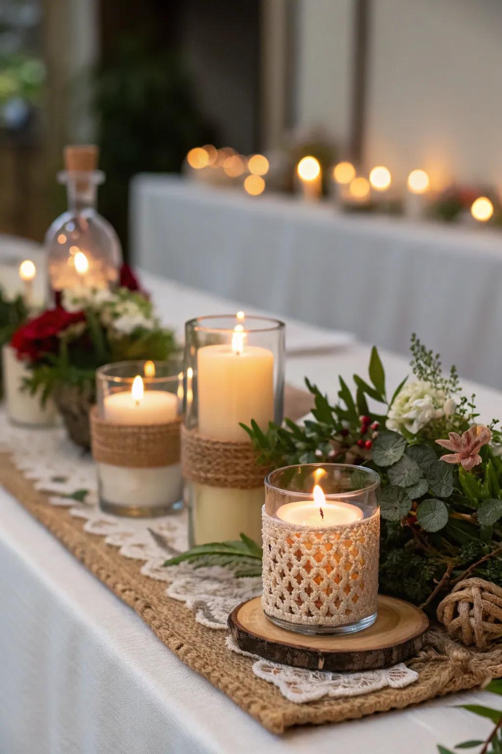 Varying candle elevations contribute dynamic appeal to your centerpiece.