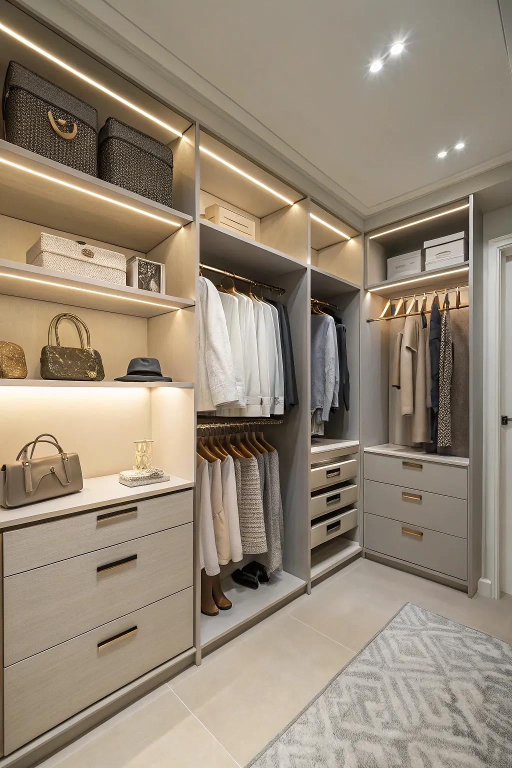 Neutral tones create a calming and spacious feeling in the closet.