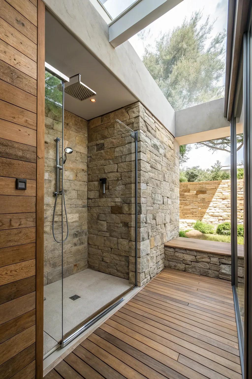 Natural elements infuse the bathroom with a calming, organic atmosphere.