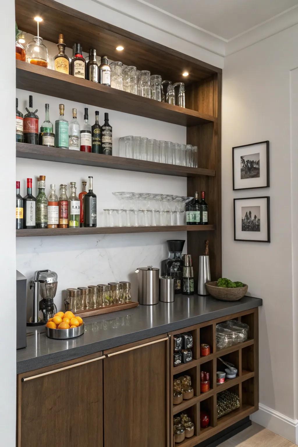 A compact bar nook maximizes space while offering all the essentials.