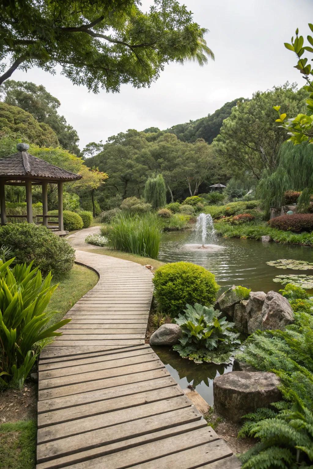 Timber pathways encourage you to discover your water garden.