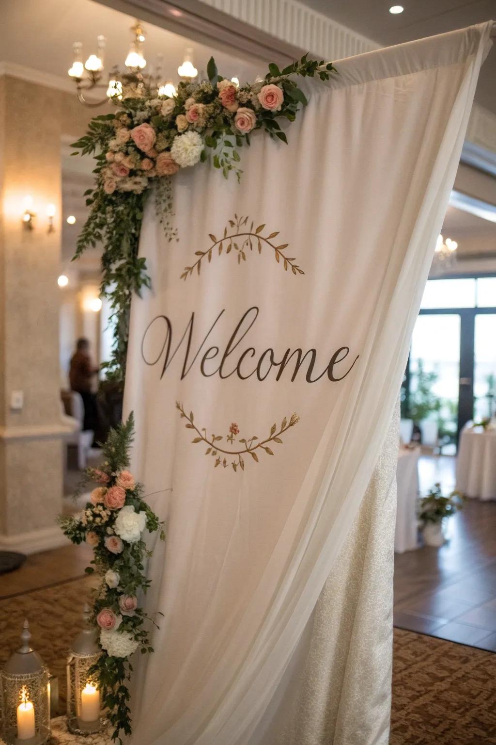 Fabric signs with calligraphy bring a touch of romance and elegance.