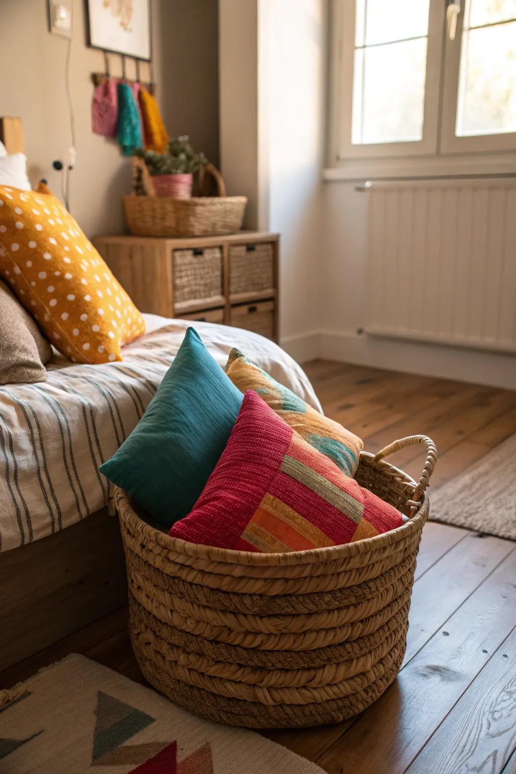 A decorative basket for storing pillows adds charm and functionality.