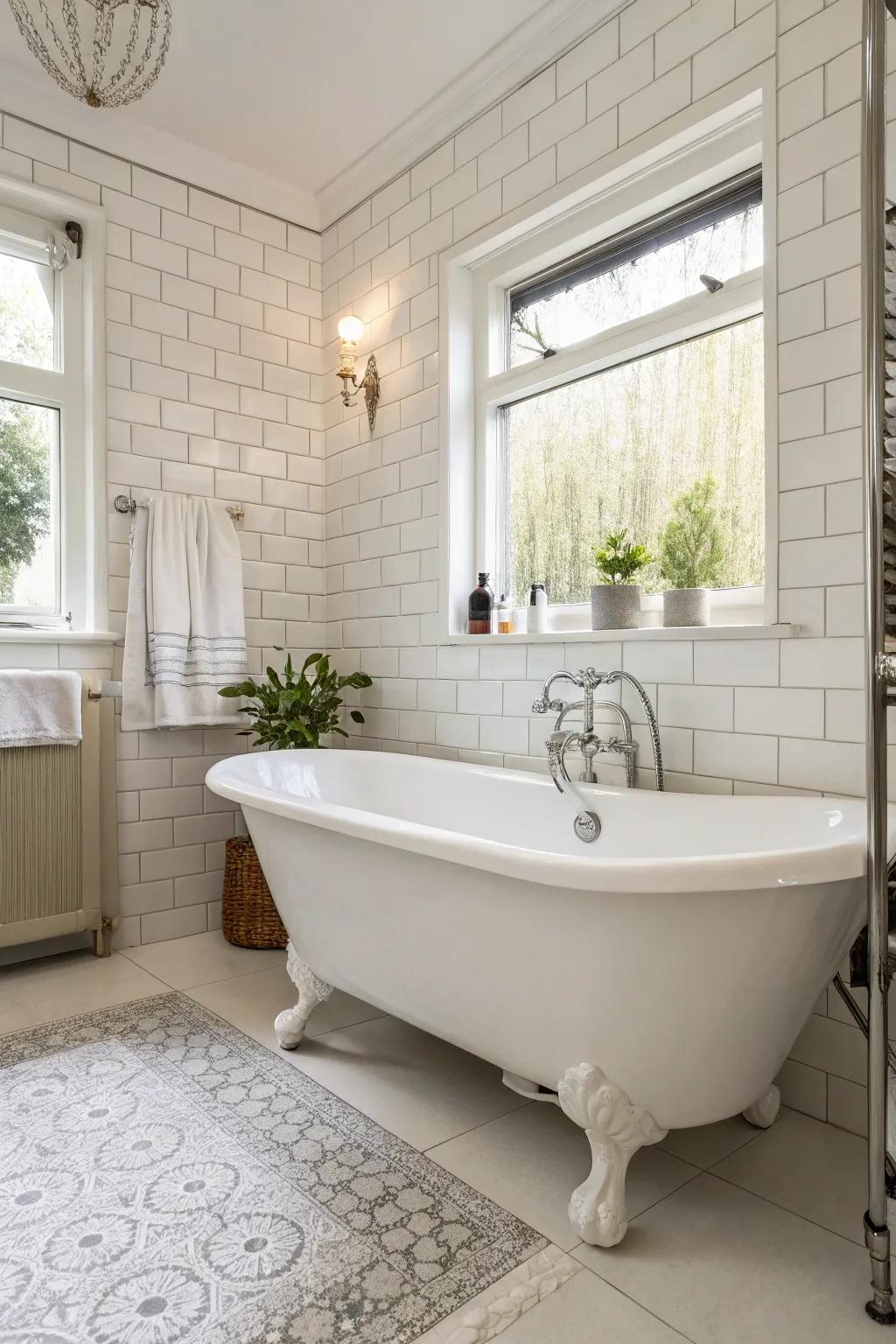 The freestanding tub serves as a luxurious focal point in this white bathroom.