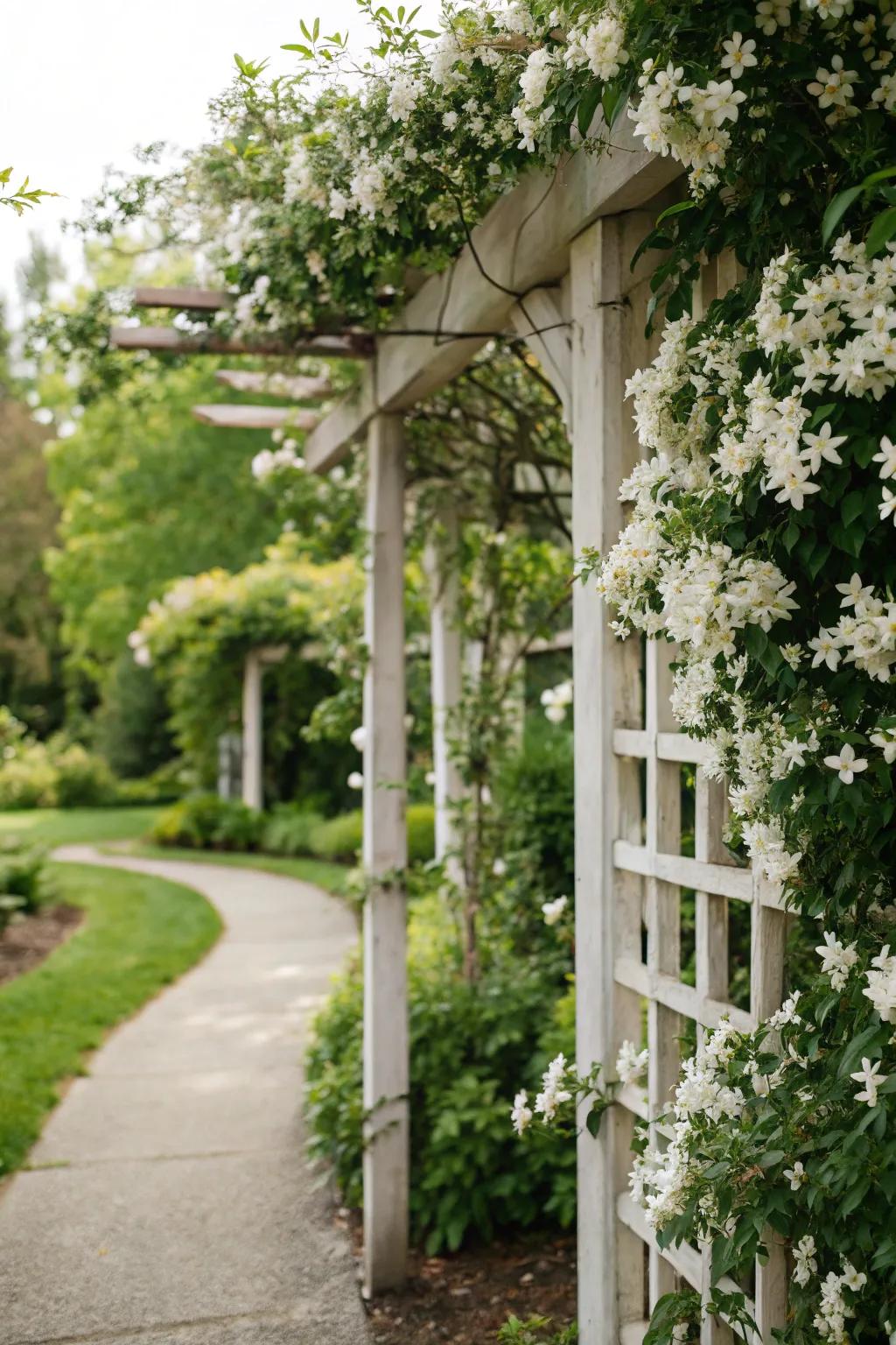 White jasmine upon a trellis floods the garden with a delightful perfume.