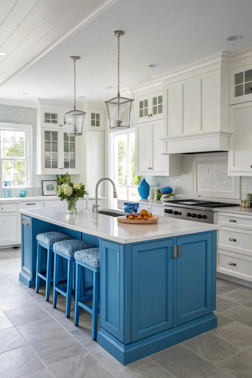 A colorful island adds a playful element to white kitchen cabinets.