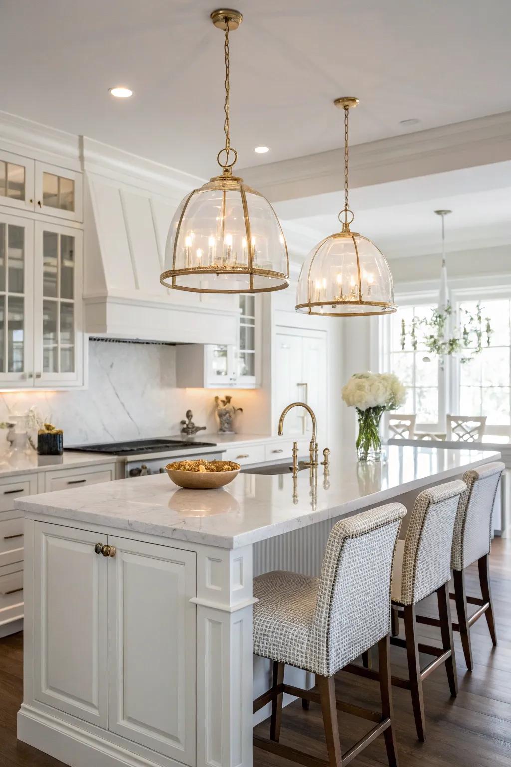 Stylish pendant lighting brightens up the white kitchen area.