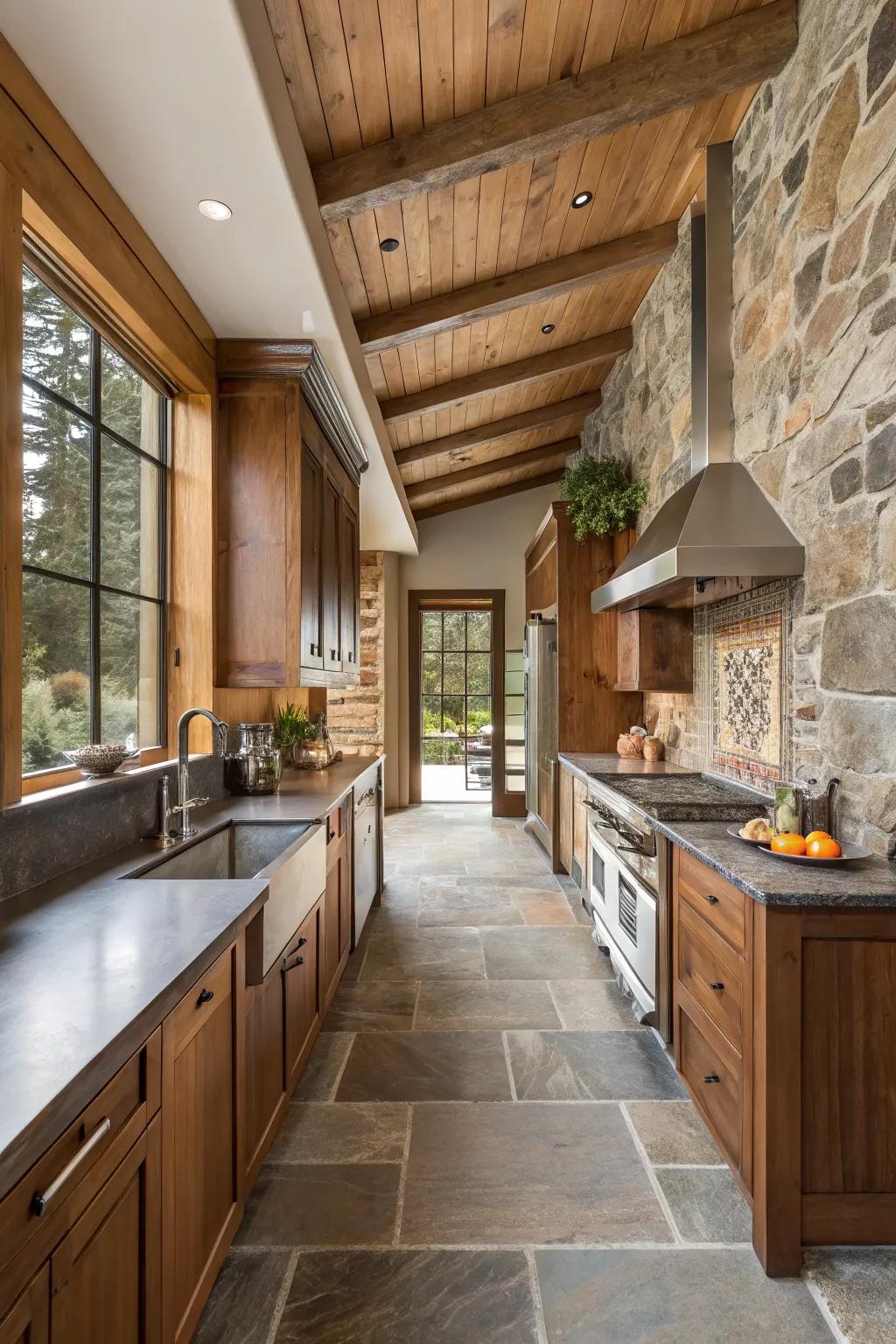 A blend of textures adding depth to a wide galley kitchen.