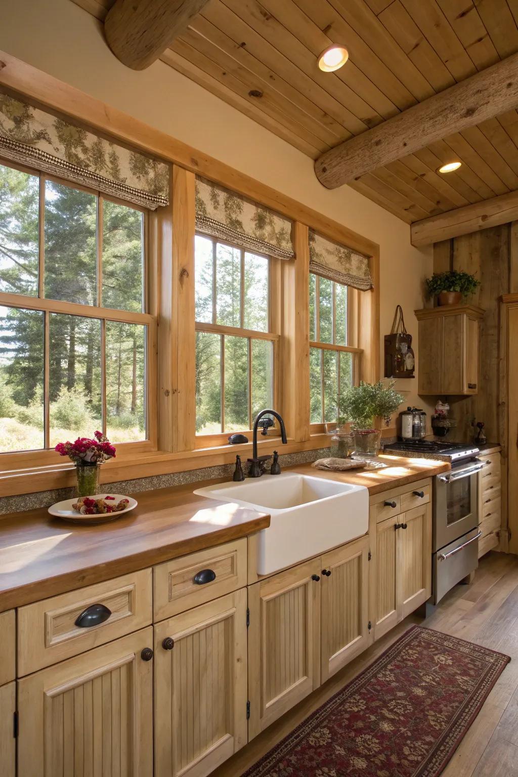 Beige window trim complements a country-style cooking space.