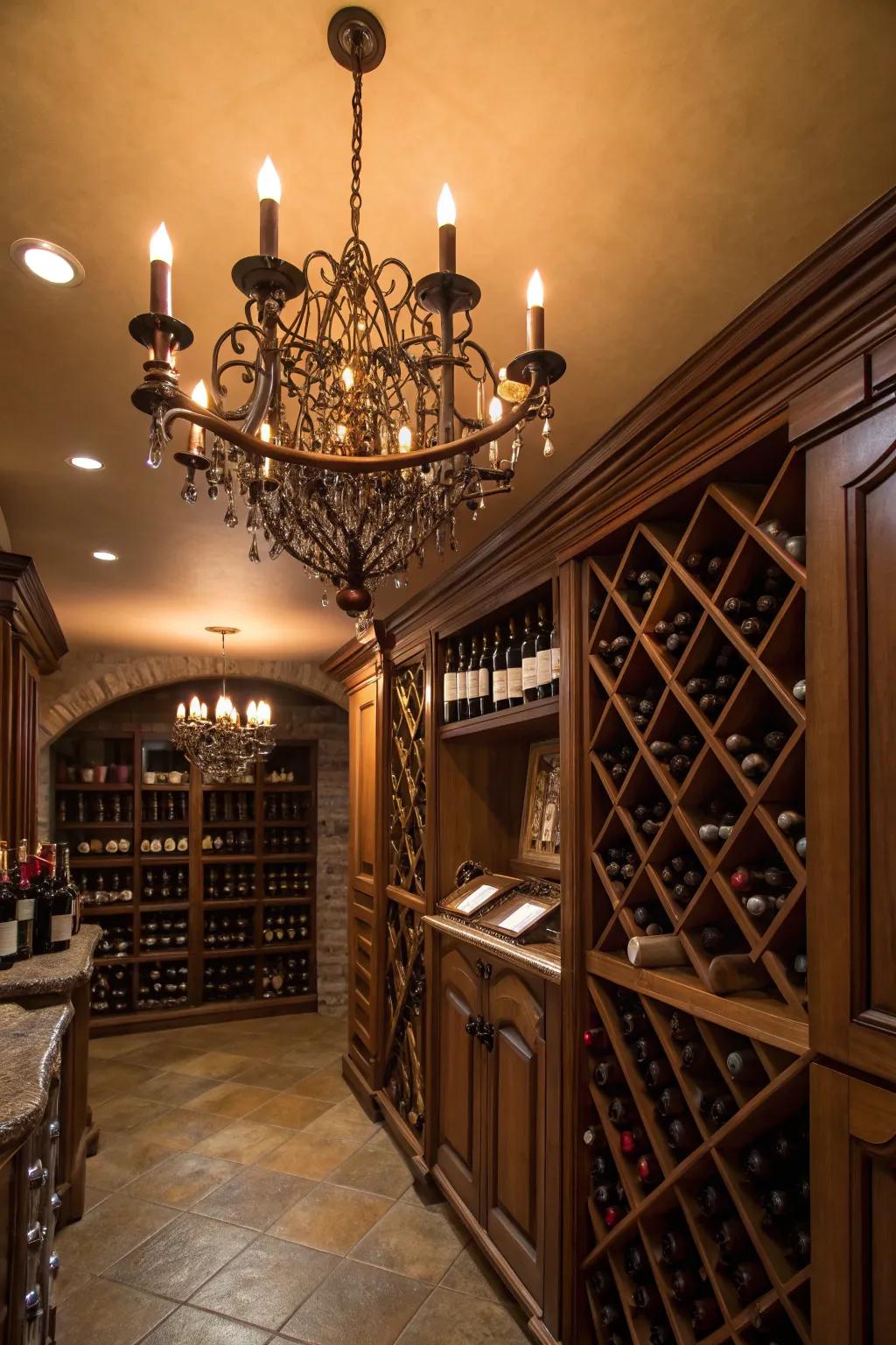 A beautiful chandelier adding charm and elegance to the wine room.