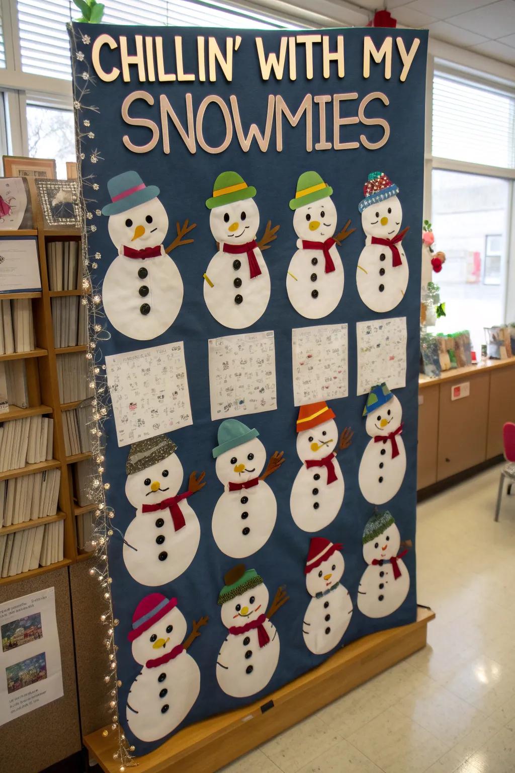 Personalized snowmen make this board both humorous and heartwarming.