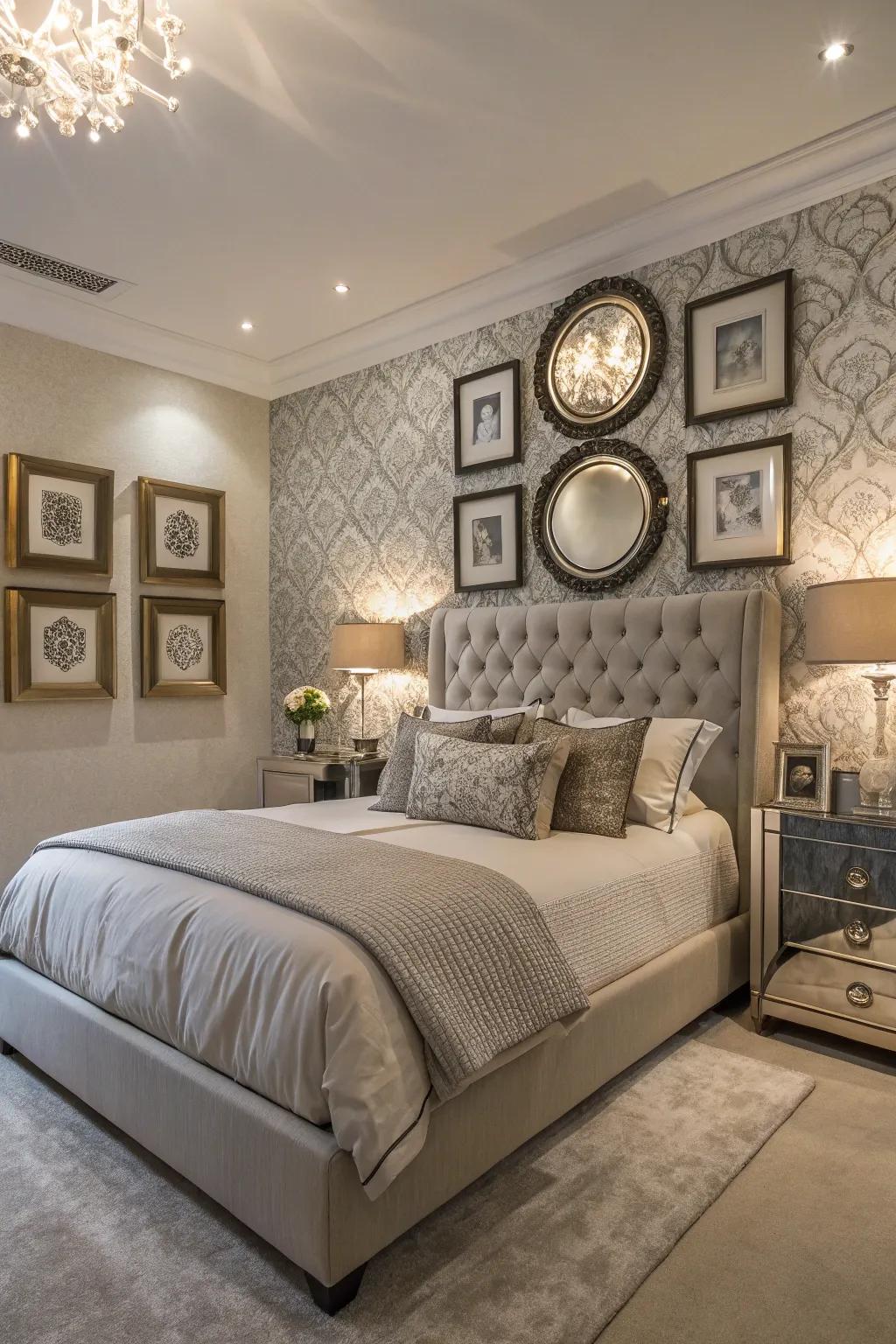 Art and mirrors elevate the accent wall, adding character to the bedroom.