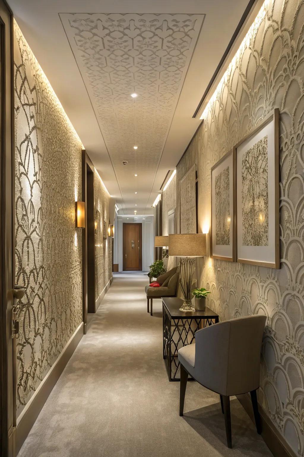 Textured wallpaper adds depth and interest to a modern hallway.