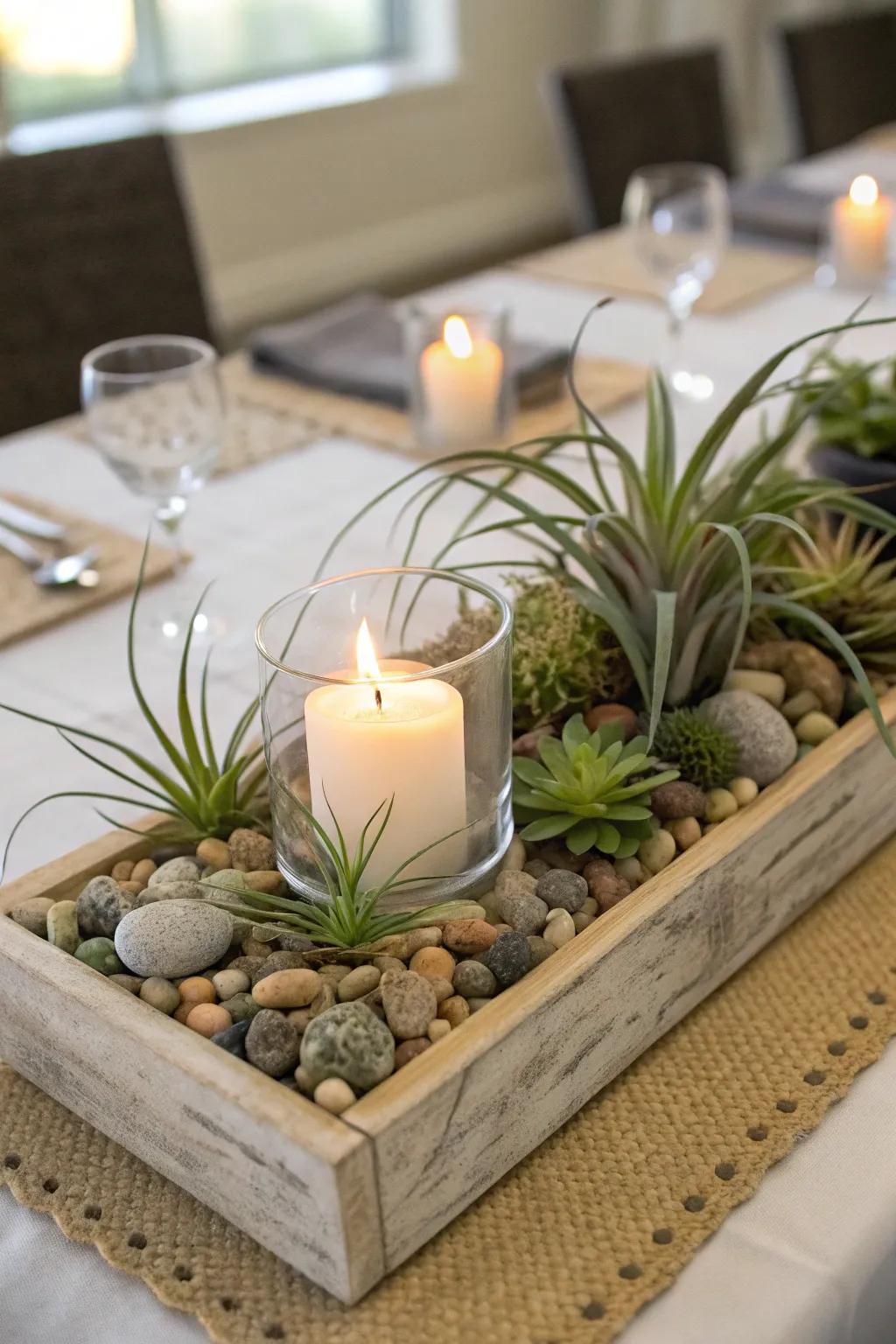 A tabletop arrangement thoughtfully combining air plants with a variety of decorative elements.