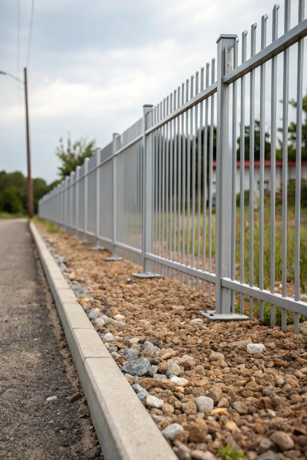 Gravel beds enhance the elegance of an aluminum fence.