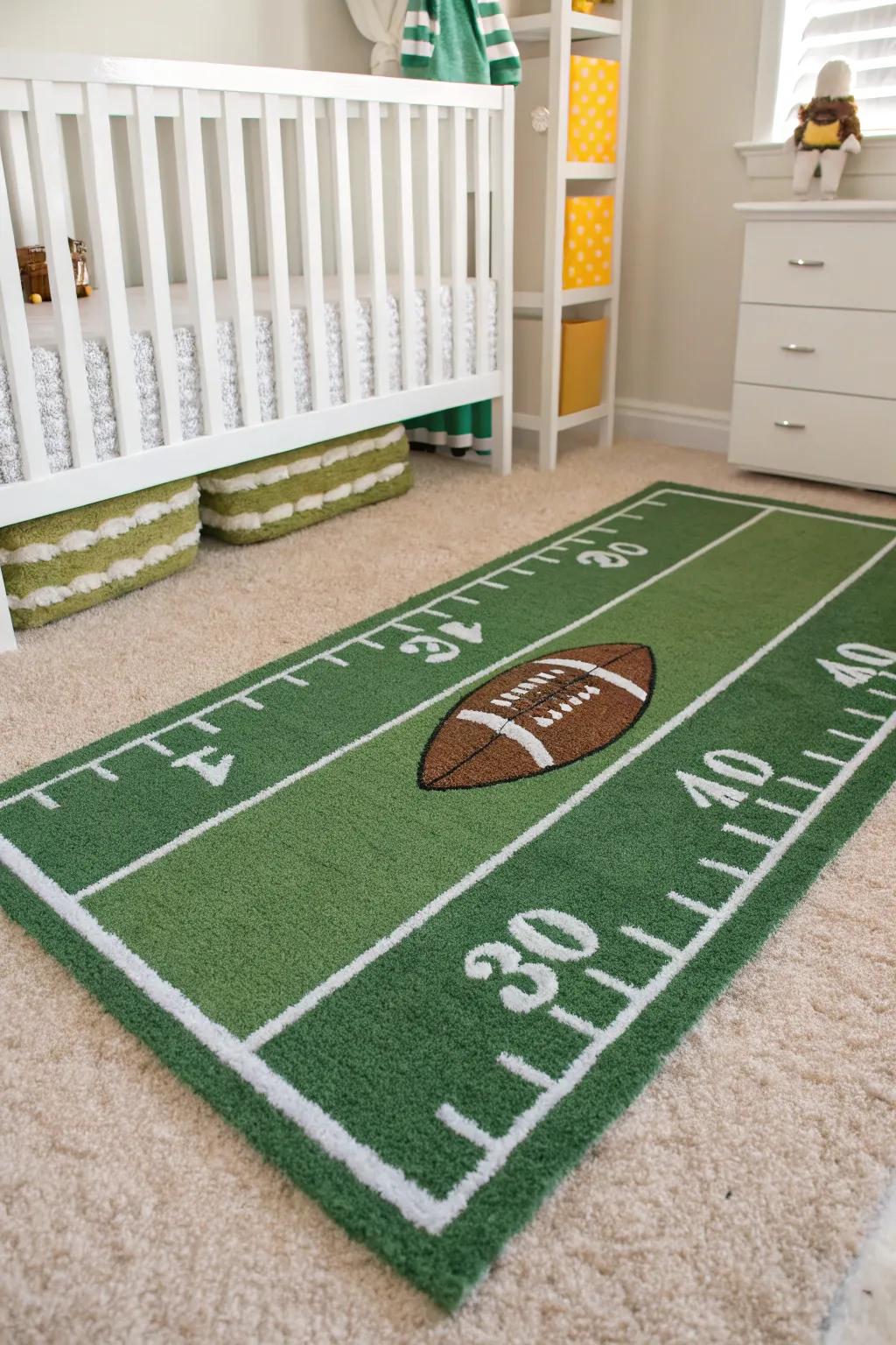 A gridiron rug imparts a lively base to the nursery's surface.