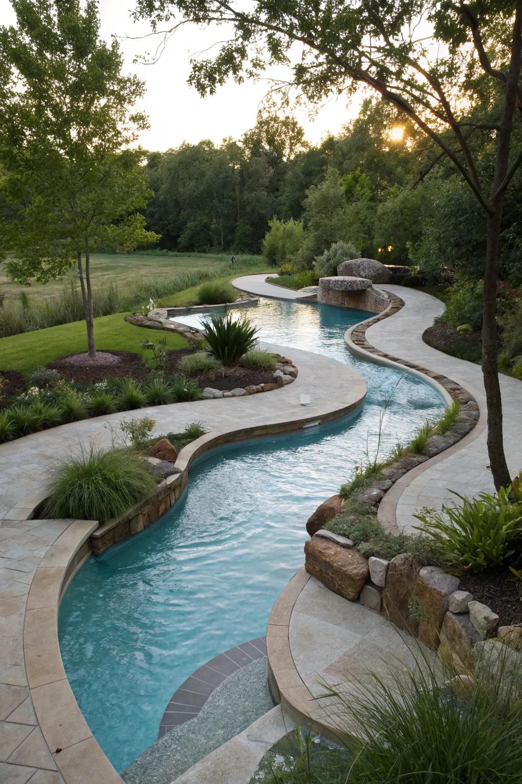 A uniquely shaped lazy river pool that mimics nature's curves.