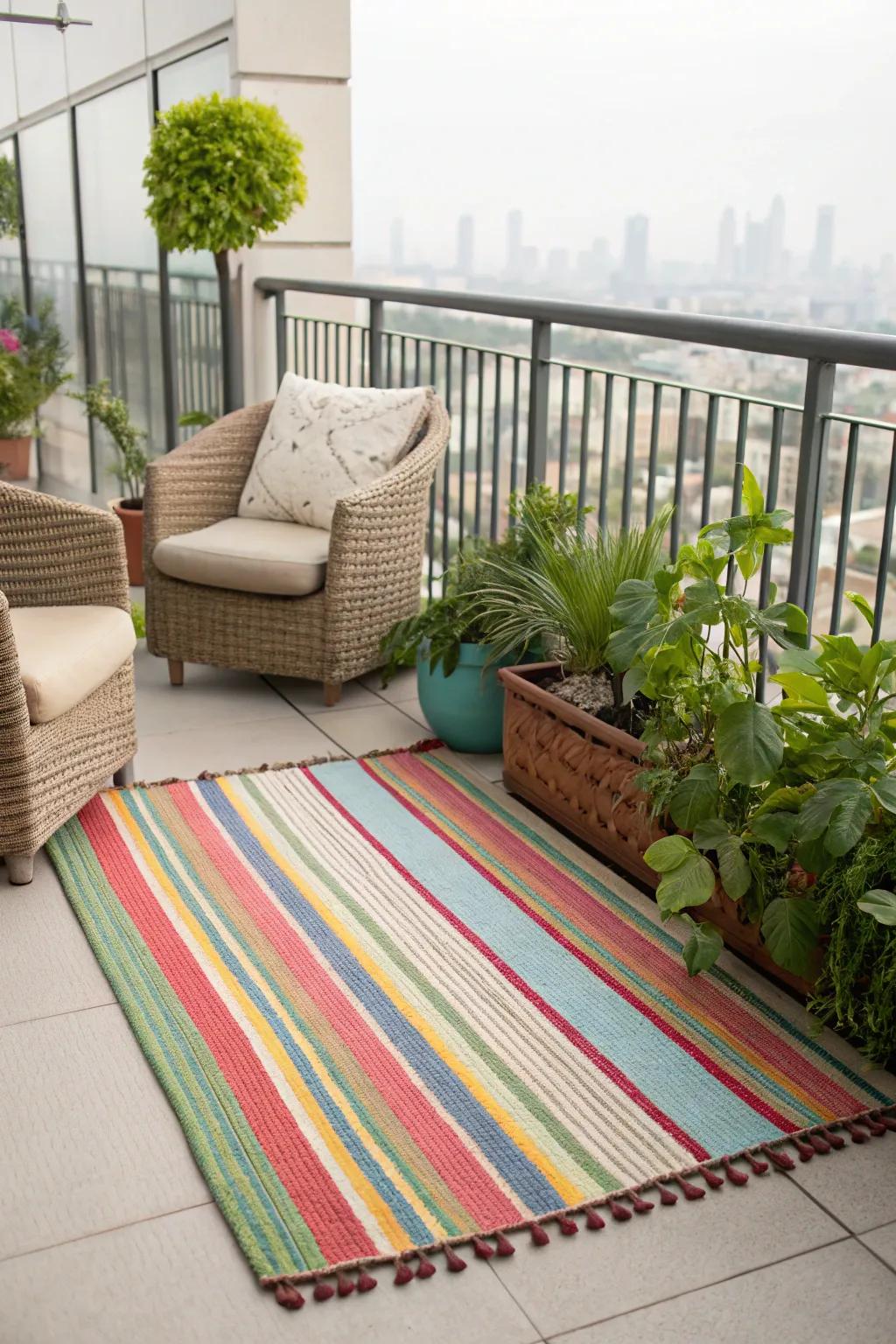 Outdoor rugs add warmth and color to your balcony.