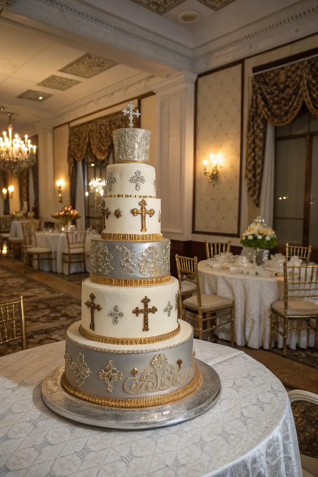 A tiered cake with elegant cross accents.