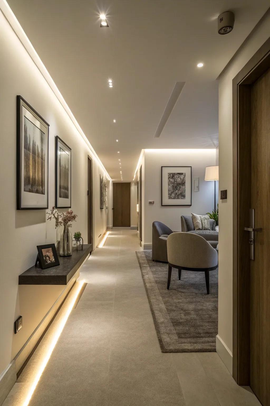 Hallway with baseboard trim integrated with LED lighting.