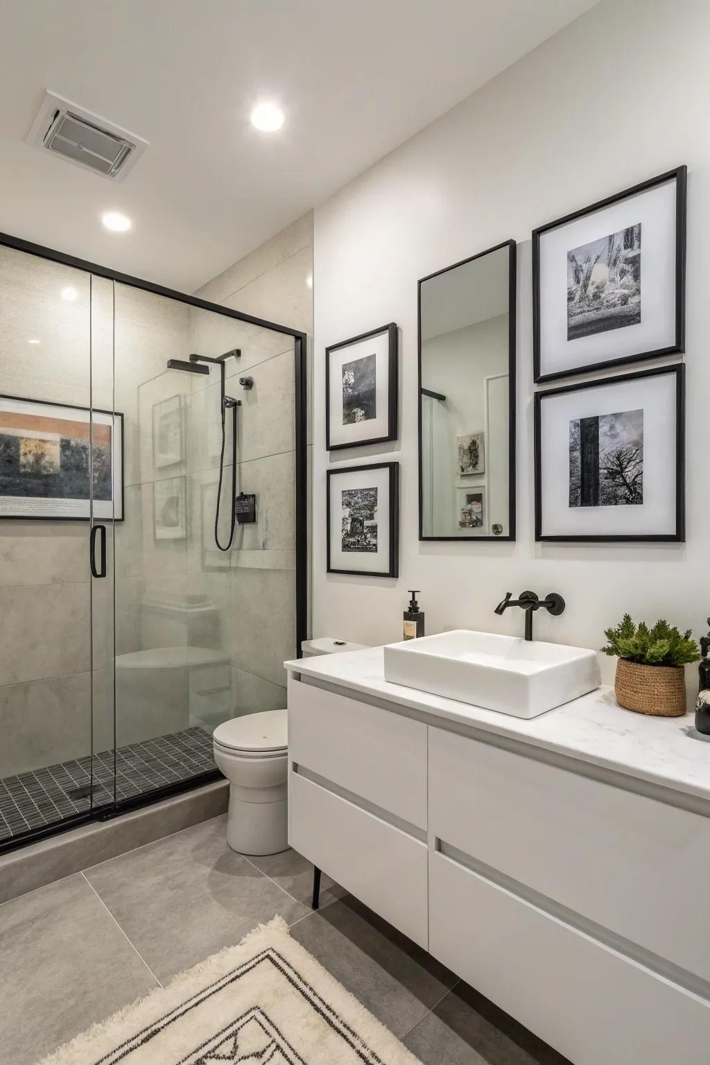 Monochrome art complements minimalist bathroom styles.