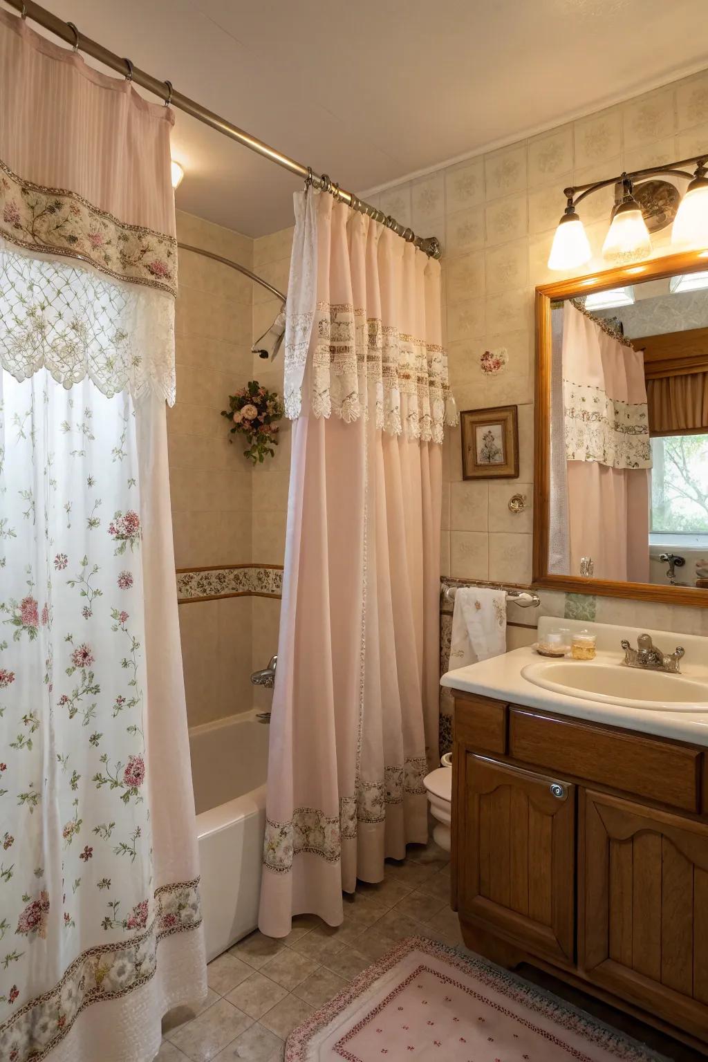 Vintage curtains add nostalgic charm to your modern bathroom.