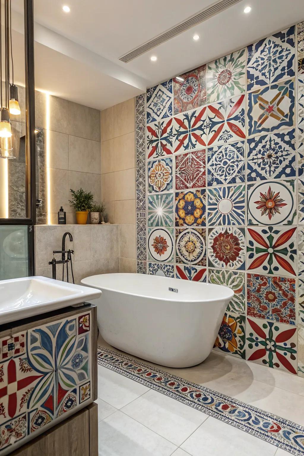 Bold tile designs add character and flair to this tub area.