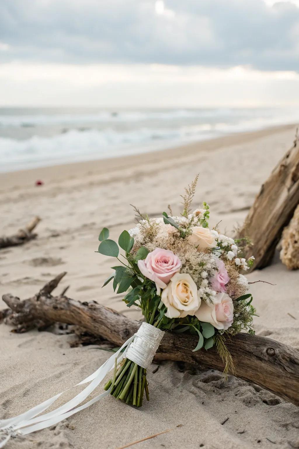 A bouquet featuring driftwood for a rustic beach look.