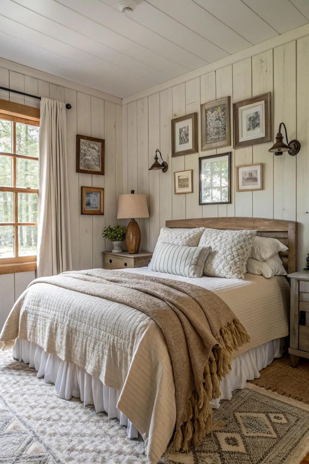 A cozy bedroom with beadboard walls in neutral tones.