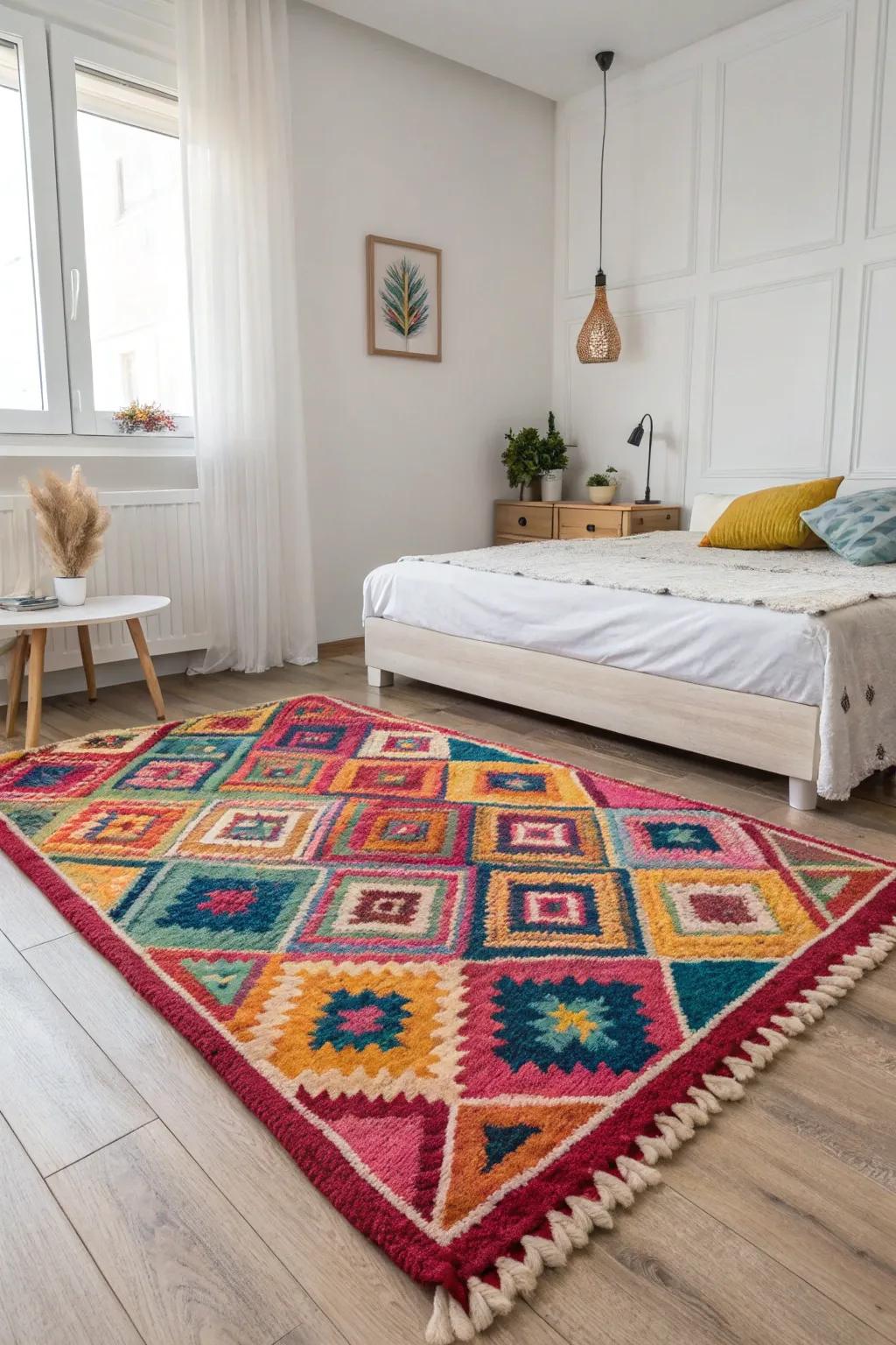 A vibrant floor covering enlivens a neutral space.
