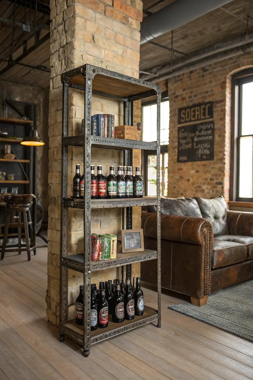 Vintage metallic shelving with beer bottles in an industrial-style living room.