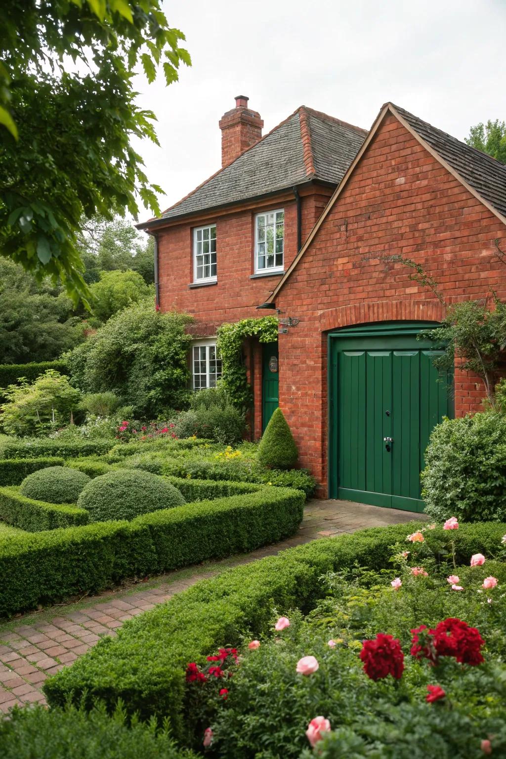 A green garage door blends nicely with the surrounding plants.