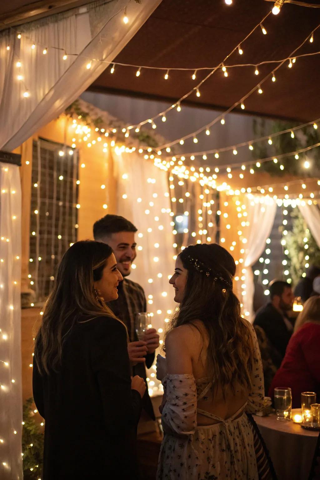 Fairy lights casting a warm glow over an elegant party setting.