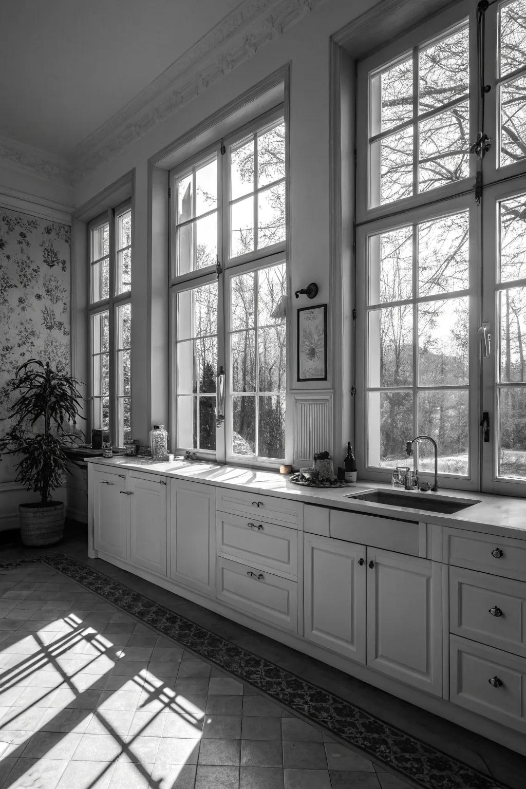 Natural light floods into this black and white kitchen through large windows.