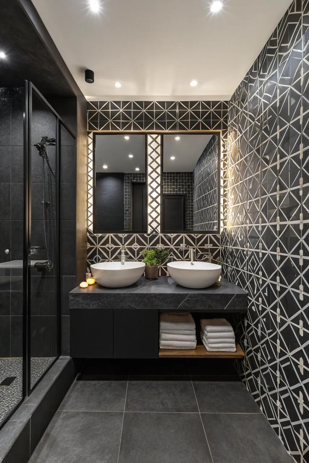 Geometric patterns add a playful touch to a black bathroom.