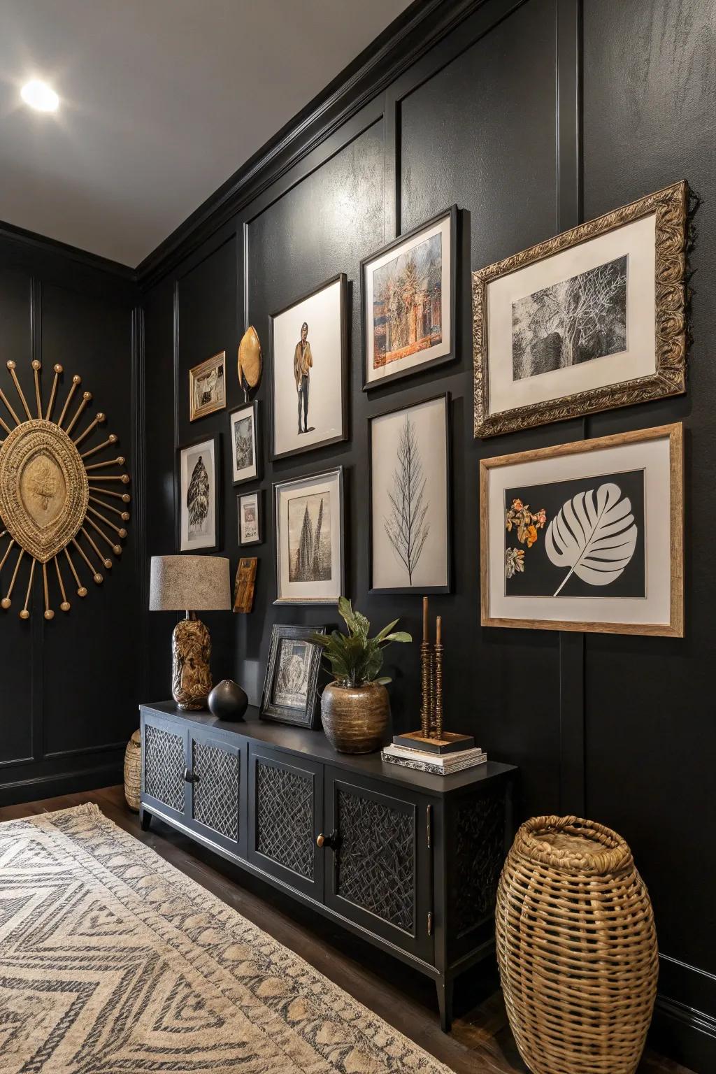 Carefully chosen wall art adding character to a dark-toned room.