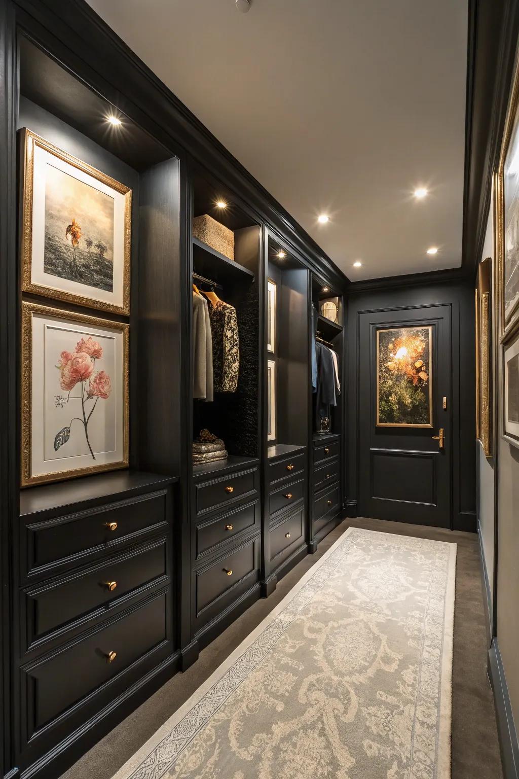 Art adds a personal and sophisticated touch to this closet.