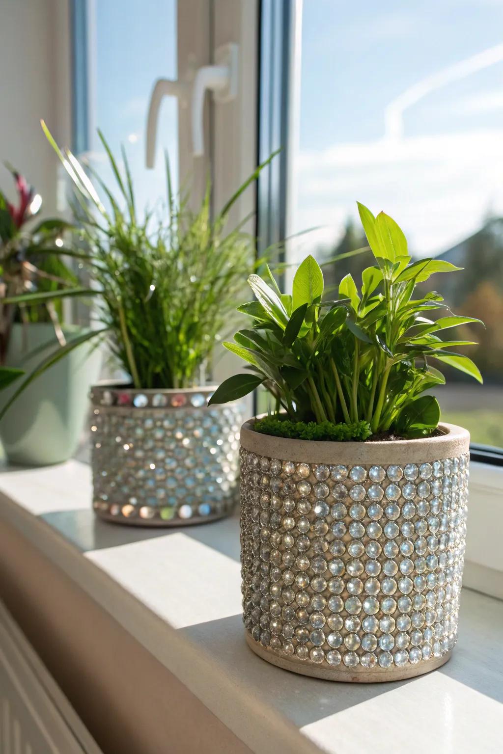 Planters that shine with rhinestone accents.